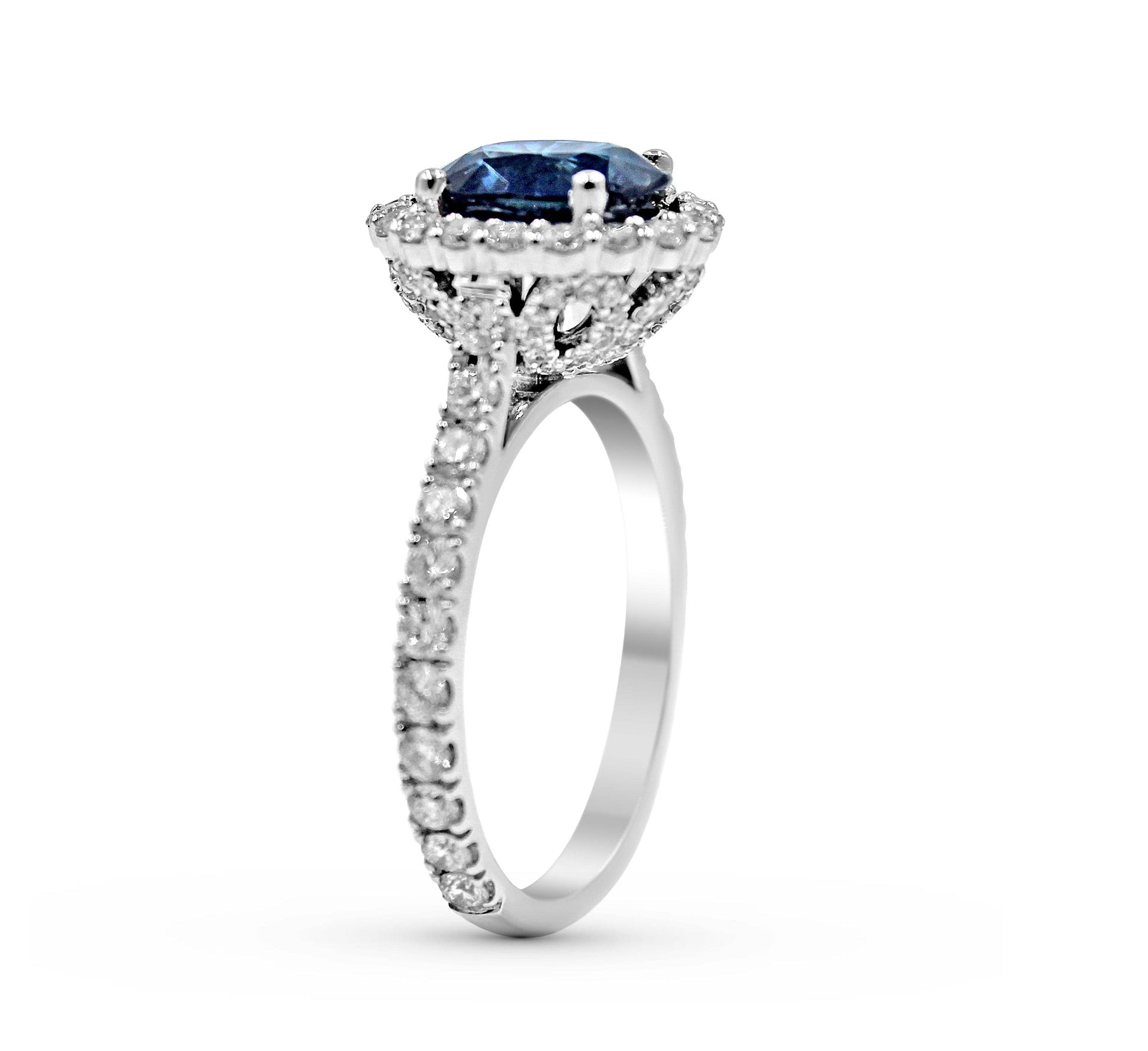 Halo Blue Sapphire Oval Cut Diamond Engagement Ring In 18 Karat White Gold - DG & Co. Jewellery