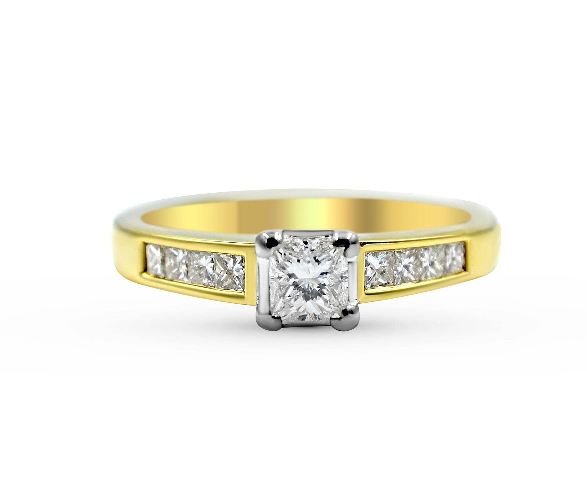 Princess Cut 4 Claw Setting Diamond Engagement Ring Channel Setting In 18K Yellow and White Gold - DG & Co. Jewellery