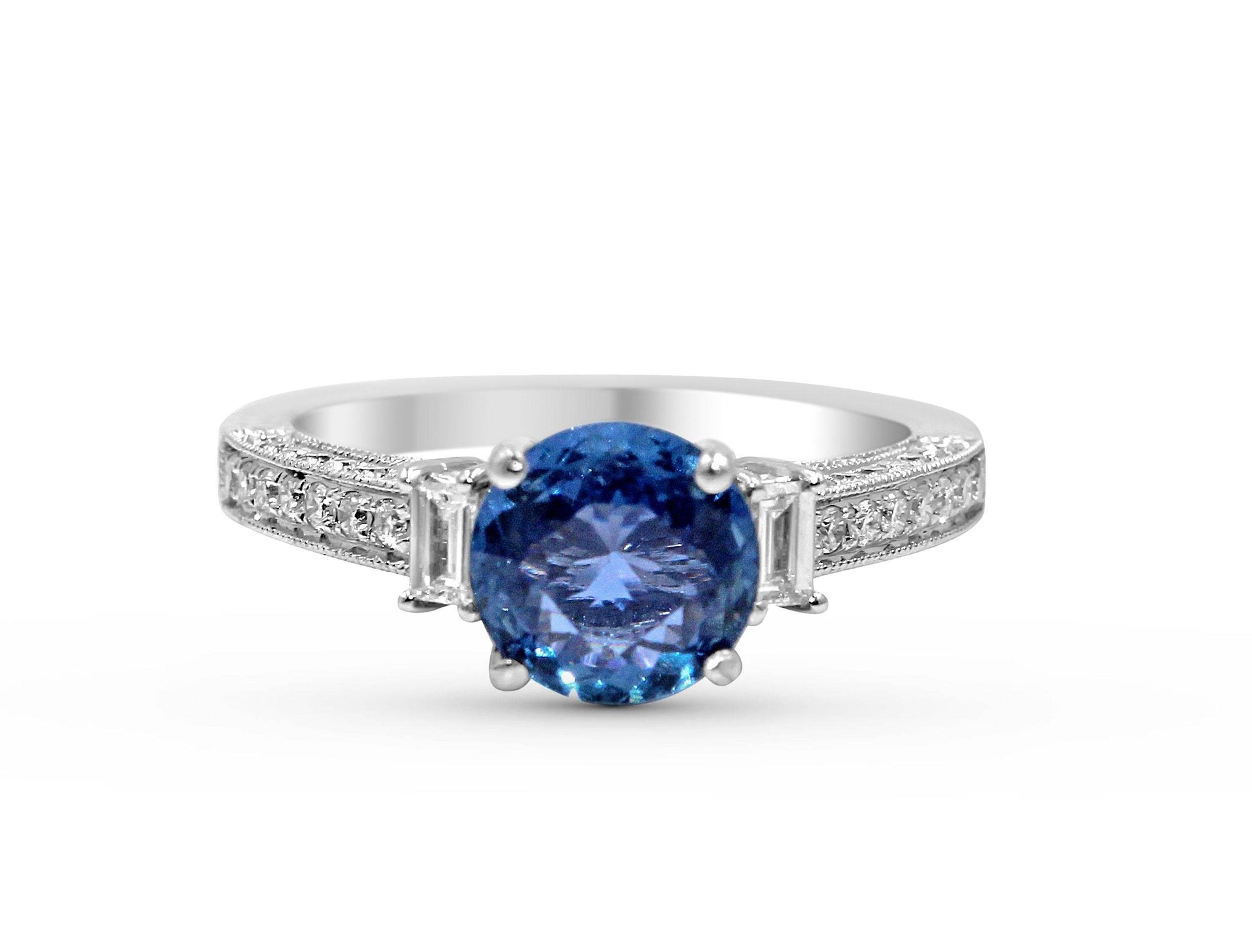 Vintage Trilogy (3 Stones) Natural Blue Sapphire Diamond Ring Milgrain Setting Side Stones In 18K White Gold - DG & Co. Jewellery