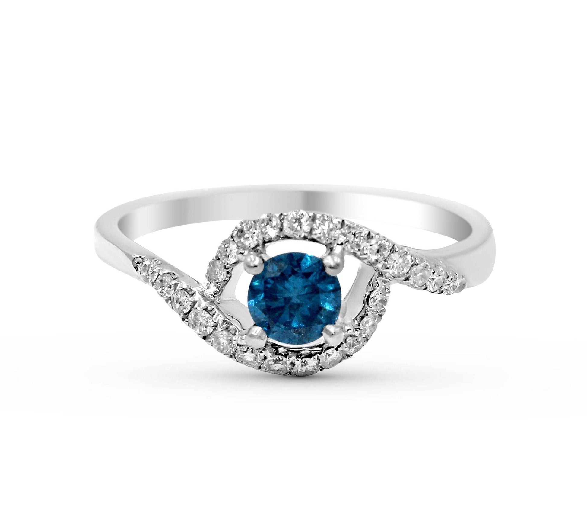 Blue Diamond Promise Ring Round Cut 4 Claw Setting Pave Setting Side Stone In 18K White Gold - DG & Co. Jewellery