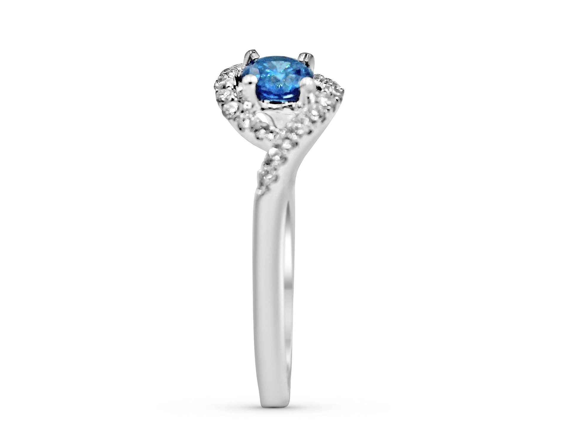 Blue Diamond Promise Ring Round Cut 4 Claw Setting Pave Setting Side Stone In 18K White Gold - DG & Co. Jewellery