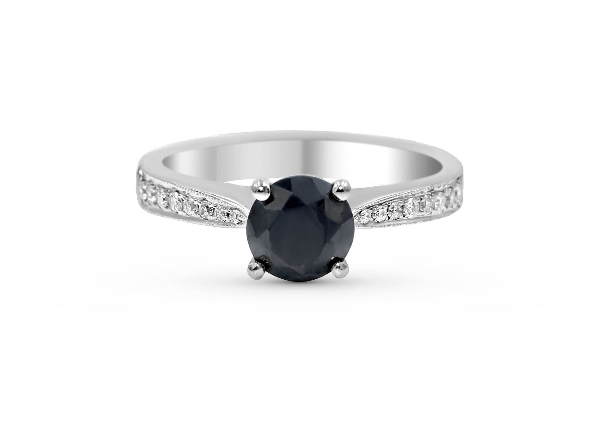 Black Diamond Solitaire Ring with Milgrain Tapered Band In 18 Karat White Gold - DG & Co. Jewellery