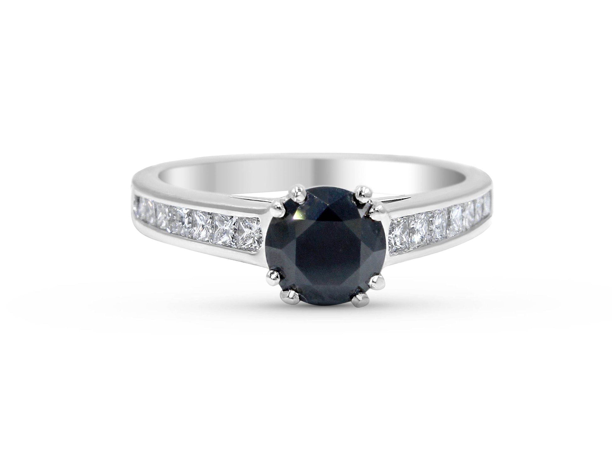 Round Cut Double Claw Black Diamond Engagement Ring Princess Cut Channel Set Side Stone In 18 Karat White Gold - DG & Co. Jewellery