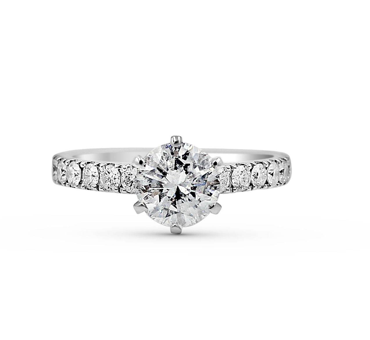 1.00CT 6 Claw GIA Certified Diamond Engagement Ring with Pave Setting Side Stone In 18K White Gold - DG & Co. Jewellery