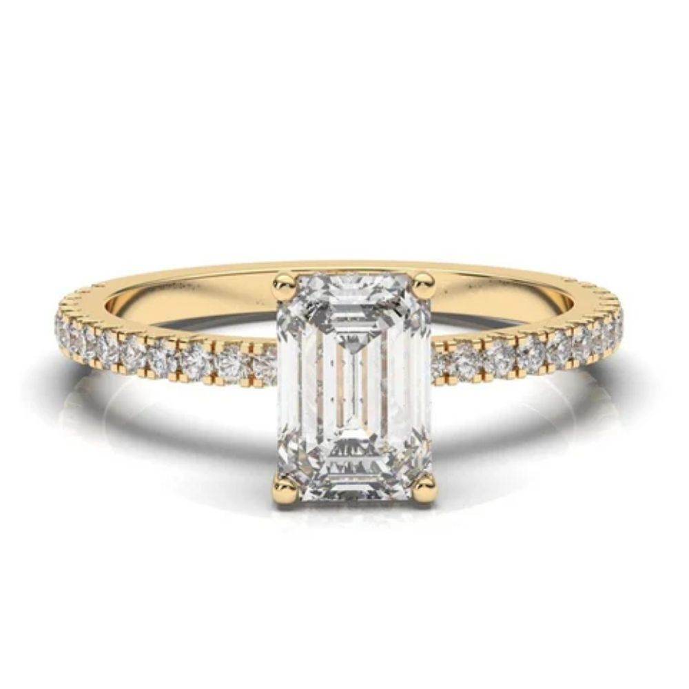 Emerald Cut 4 Claws Diamond Engagement Ring Pave Setting Side stones in 18K Yellow Gold -18K Yellow - DG & Co. Jewellery