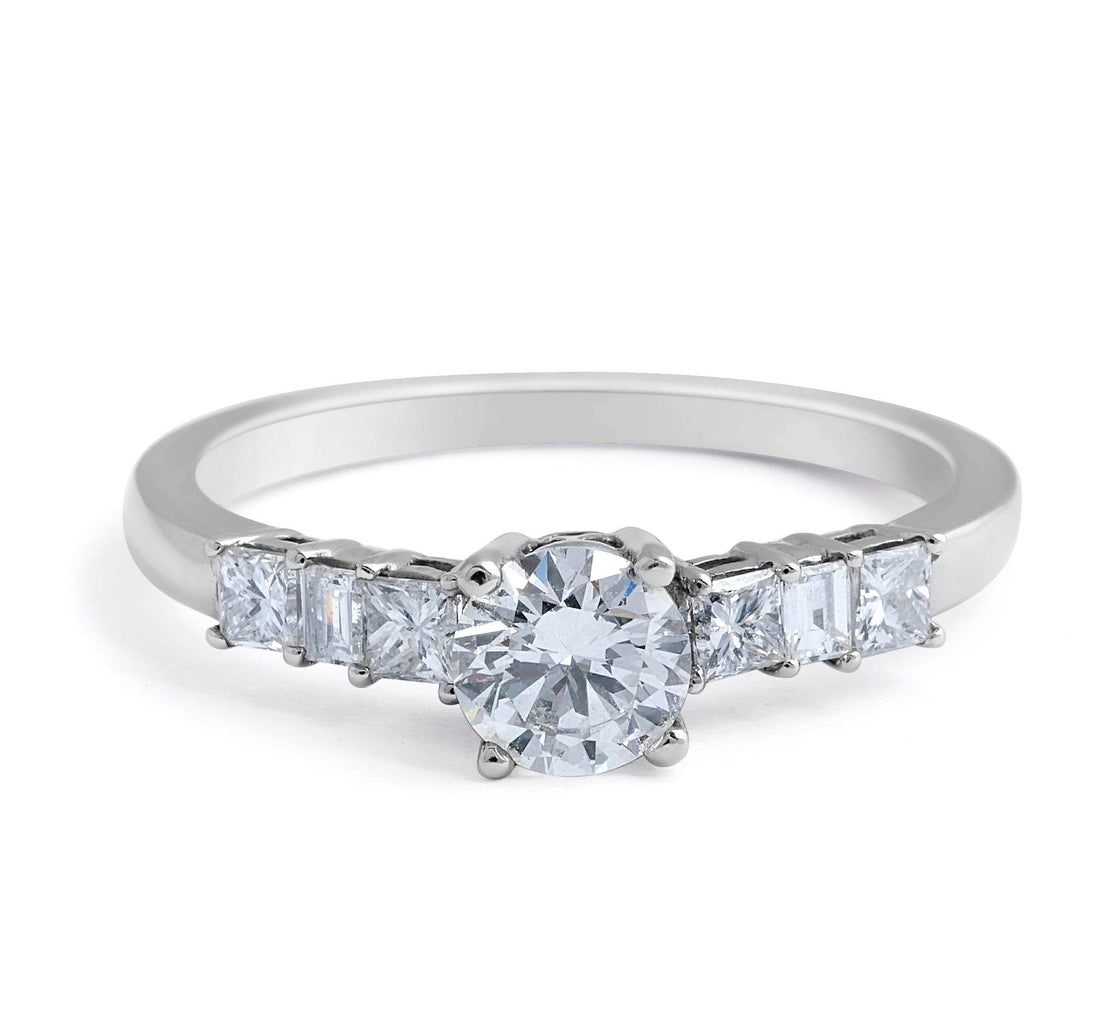 0.50CT Brilliant Round Cut 4 Claw Diamond Engagement Ring Princess and Baguette Setting Side Stone In 18K White Gold Setting - DG & Co. Jewellery