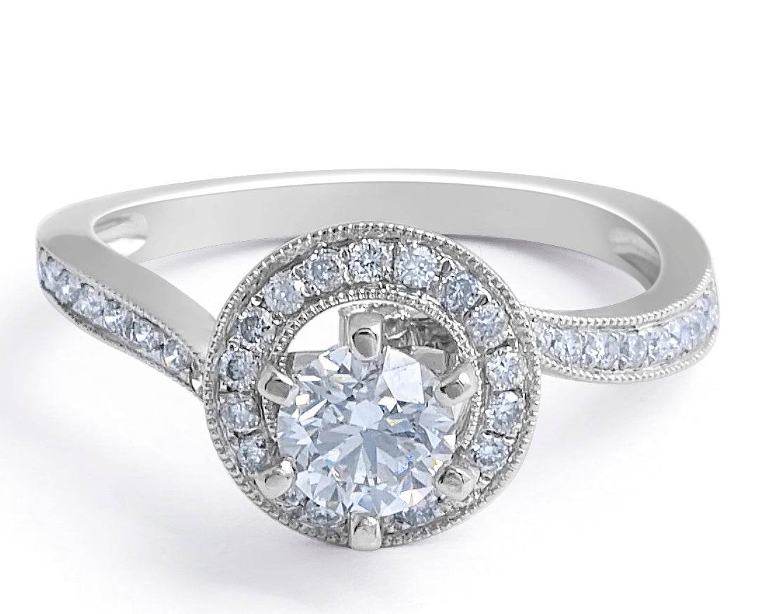 Vintage Style Cross Over Milgrain Setting Halo Diamond Engagement Ring In 18 Karat White Gold - DG & Co. Jewellery