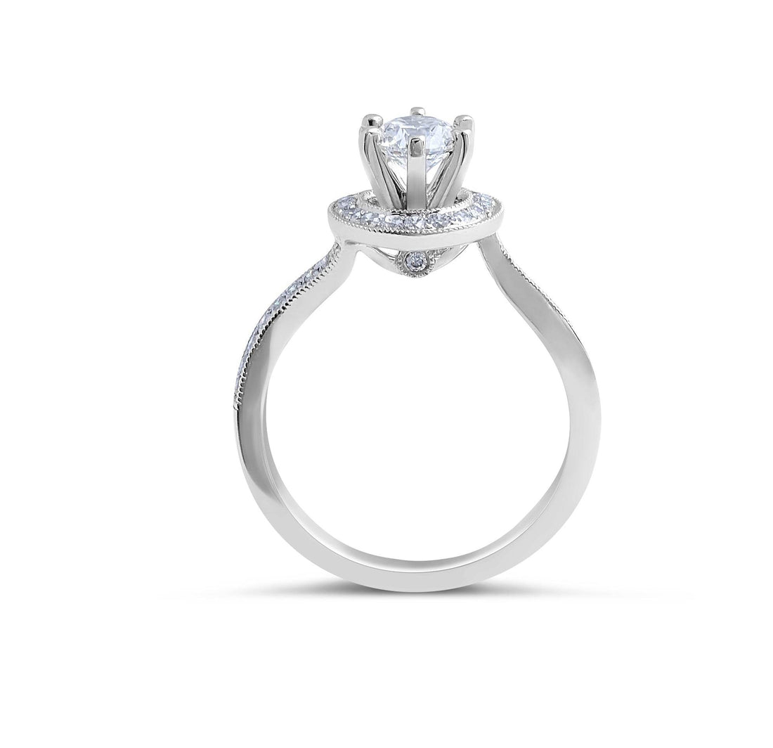 Vintage Style Cross Over Milgrain Setting Halo Diamond Engagement Ring In 18 Karat White Gold - DG & Co. Jewellery