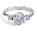 Trilogy 3 Stone Halo Diamond Engagement Pave Setting Side Stones Ring in 18 Karat White Gold - DG & Co. Jewellery