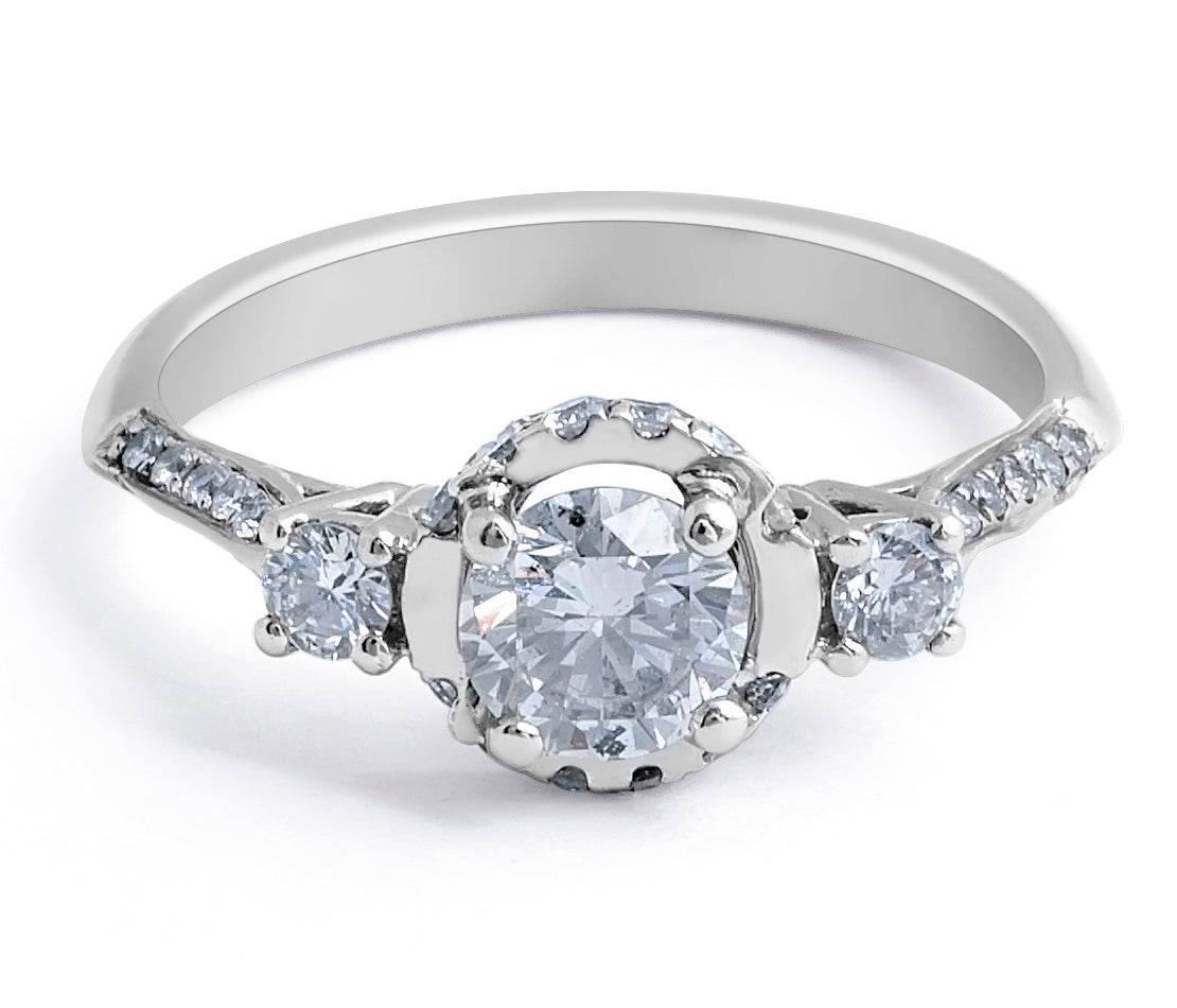Trilogy 3 Stone Halo Diamond Engagement Pave Setting Side Stones Ring in 18 Karat White Gold - DG & Co. Jewellery