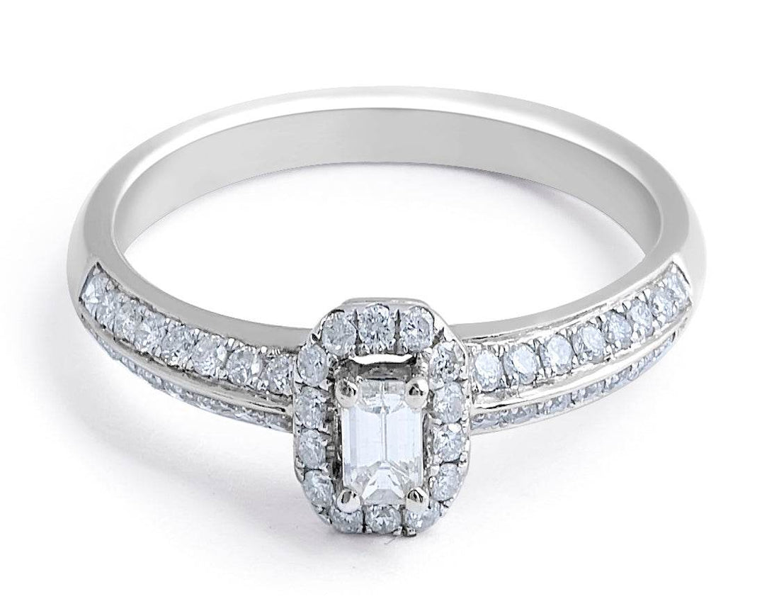 Emerald Cut Halo Diamond Engagement Ring Pave Setting In 18 Karat White Gold - DG & Co. Jewellery