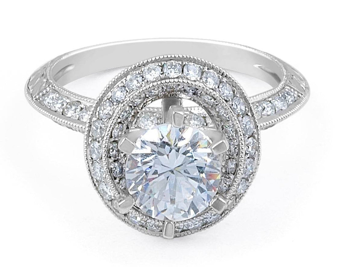 Halo Diamond Engagement Ring Milgrain Setting In 18 Karat White Gold - DG & Co. Jewellery