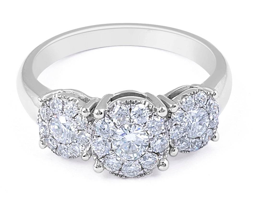 Invisible Setting Round Cut Trilogy Diamond Halo Ring In 18K White Gold - DG & Co. Jewellery