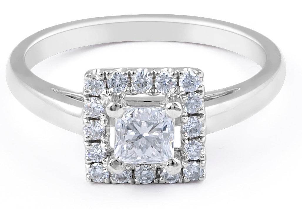 GIA Certified Princess Cut Halo Diamond Engagement Ring in 18 Karat White Gold In a Plain Band - DG & Co. Jewellery