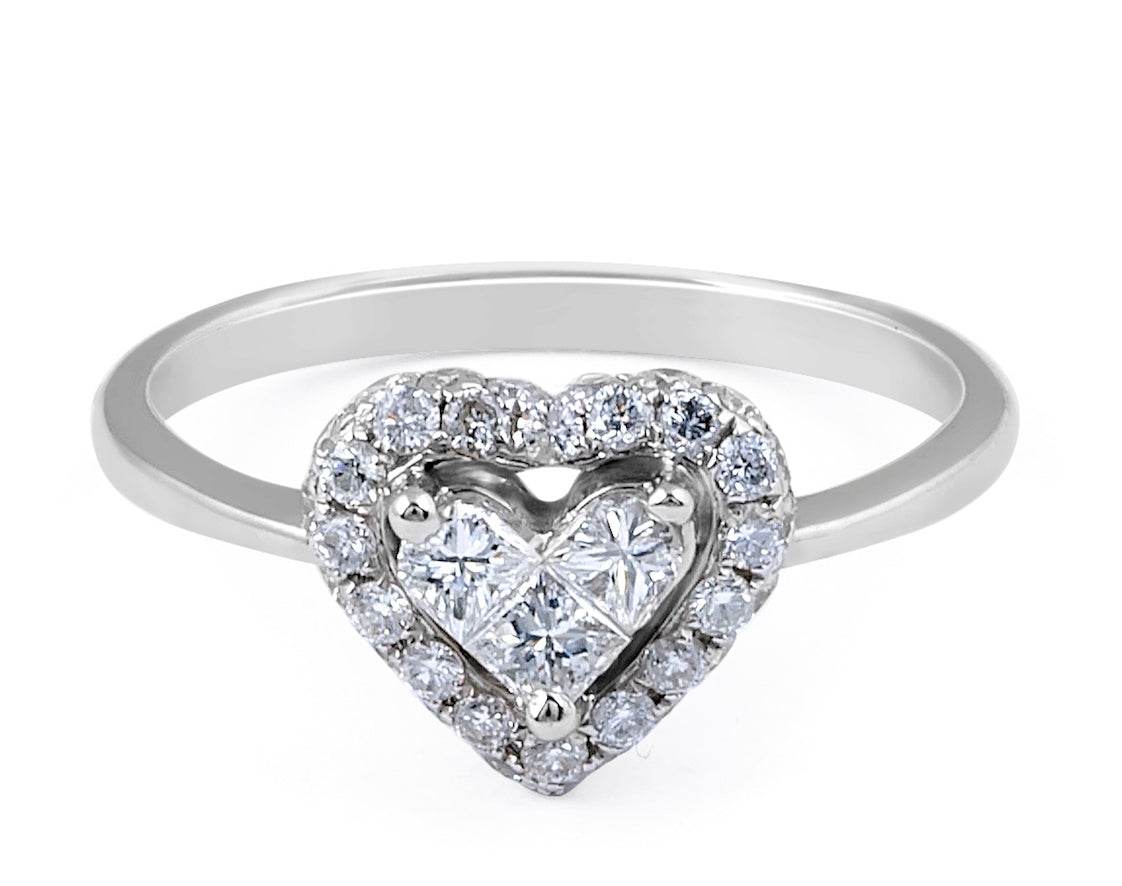 Heart Shape Halo Diamond Ring Fine Tapered Band Invisible Setting In 18K White Gold - DG & Co. Jewellery