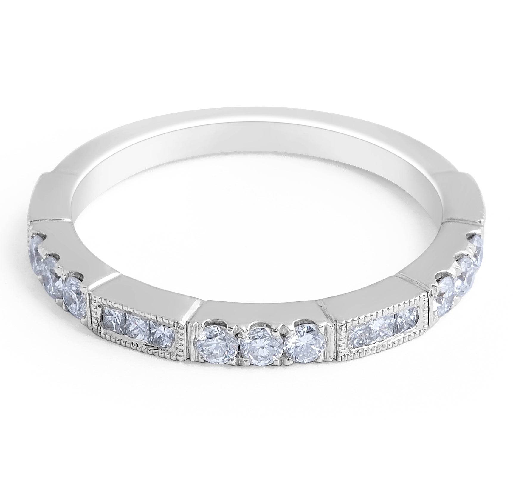 Diamond Wedding Band Vintage Style Milgrain and Share Prong Setting In 18K White gold - DG & Co. Jewellery