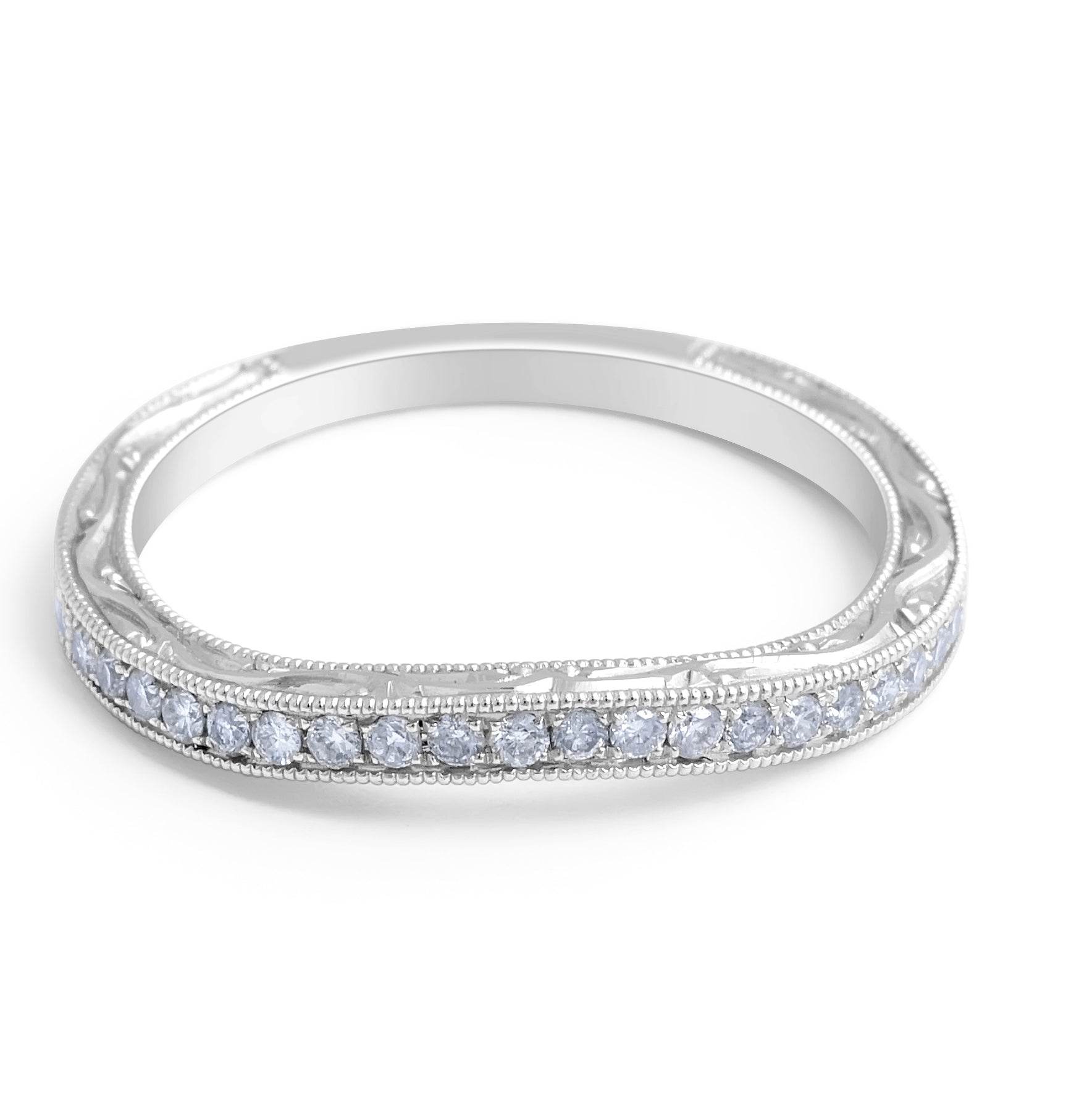 Vintage Style Curved Engraved Diamond Wedding Band Milgrain Setting In18K White gold - DG & Co. Jewellery