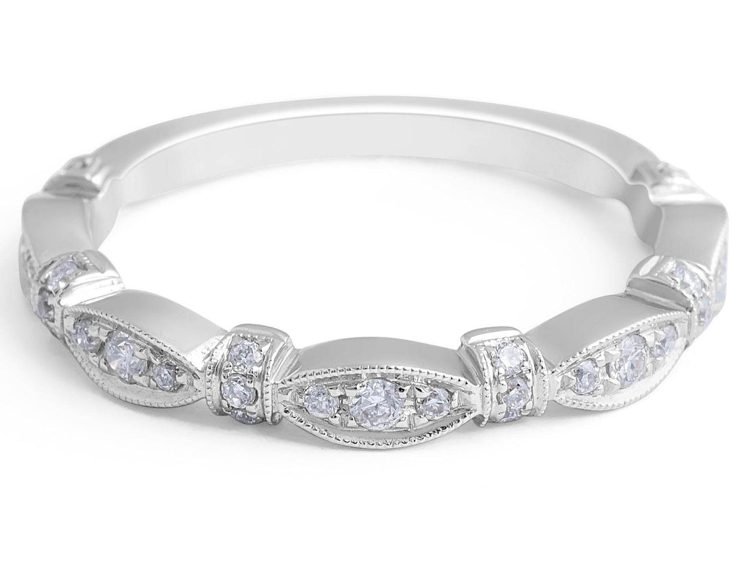 Milgrain Vintage Style Diamond Wedding Band Marquise Shape Round Cut In 18 Karat White Gold - DG & Co. Jewellery