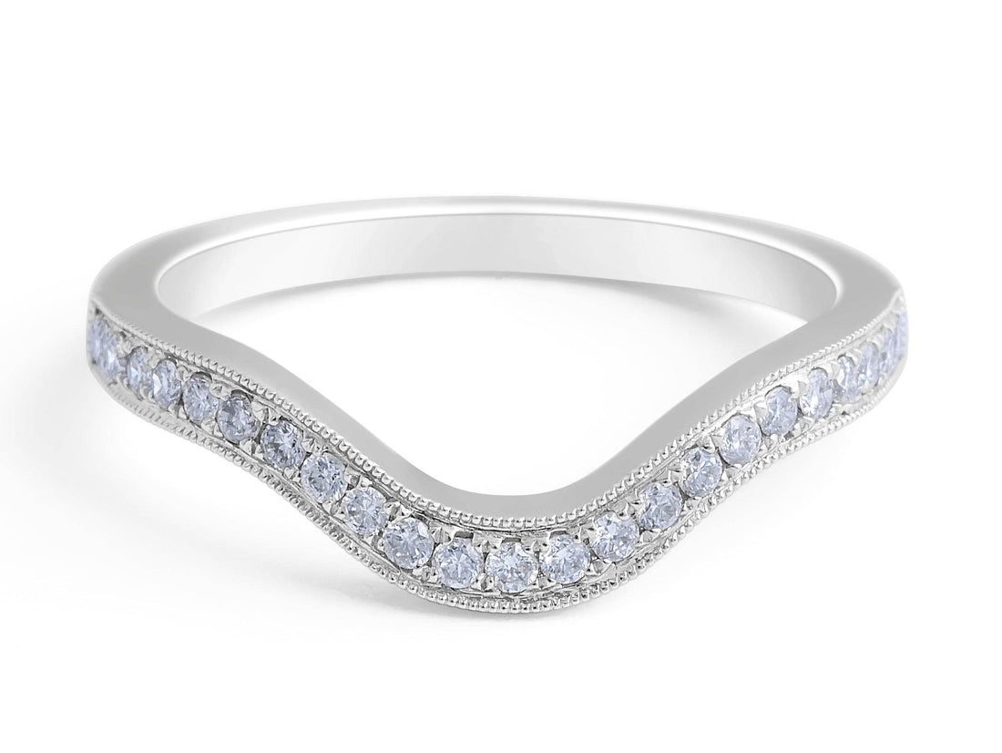 Vintage Style Concave Diamond Wedding Band Round Cut Milgrain Setting In 18 Karat White Gold - DG & Co. Jewellery