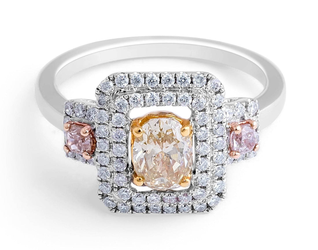Pink and Yellow Diamond Double Halo Ring Pave Setting In 18K White Gold - DG & Co. Jewellery