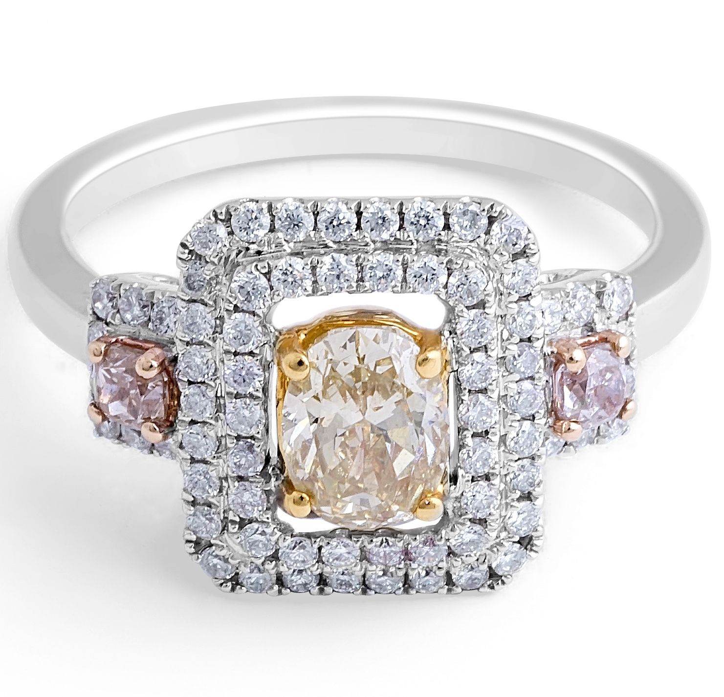 Pink and Yellow Diamond Double Halo Ring Pave Setting In 18K White Gold - DG & Co. Jewellery