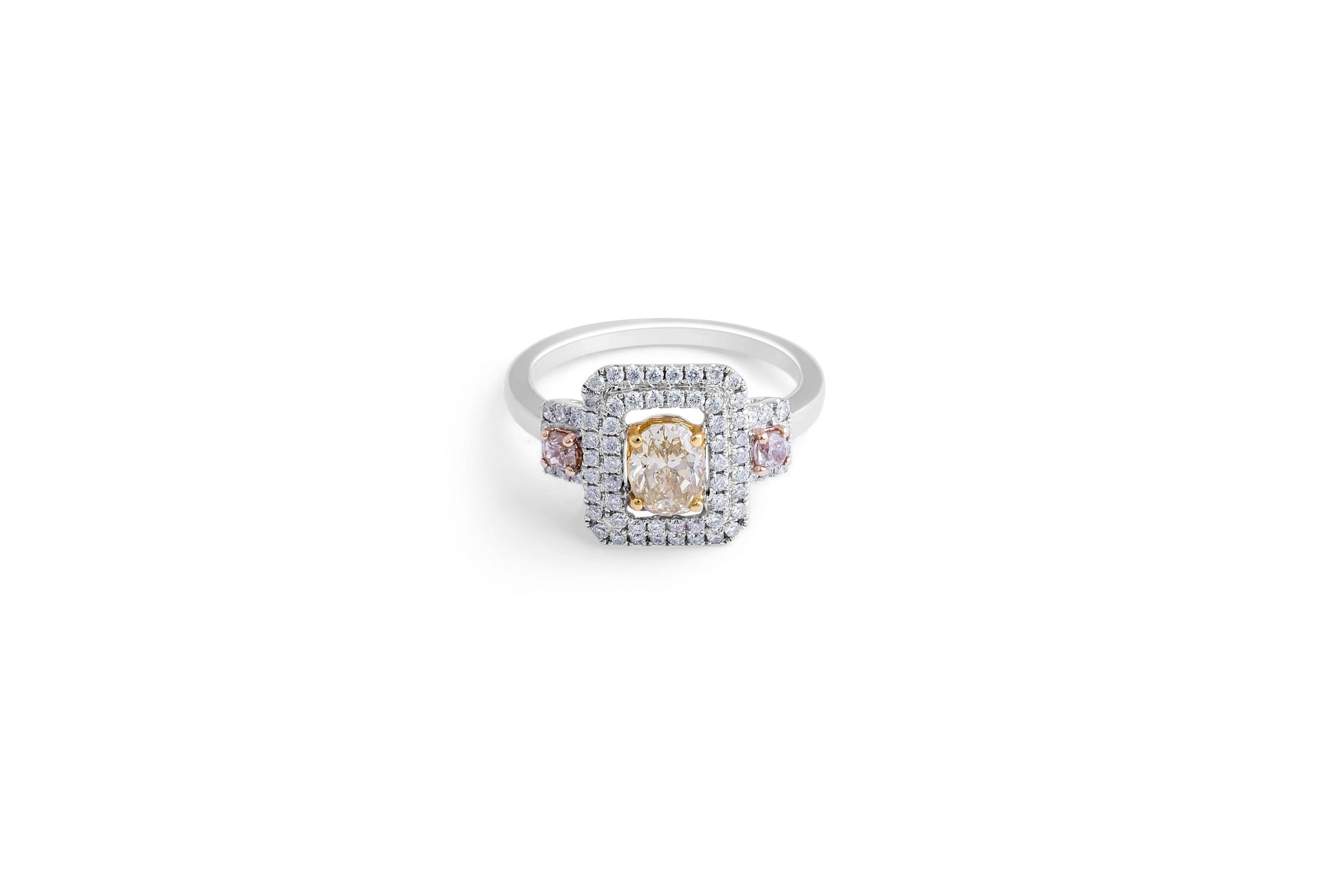 Pink and Yellow Diamond Double Halo Ring Pave Setting In 18K White Gold - DG & Co. Jewellery