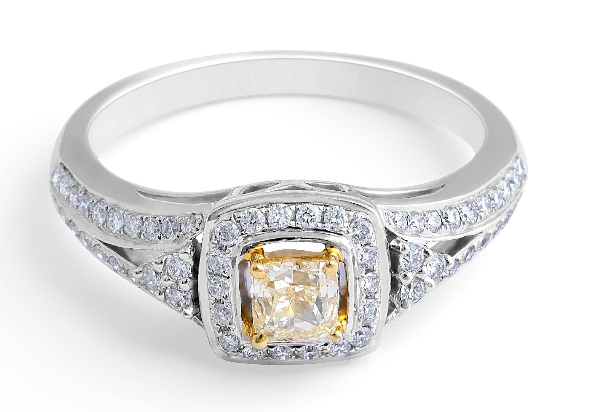 Fancy Yellow Cushion Diamond Halo Ring in 18 Karat White Gold - DG & Co. Jewellery