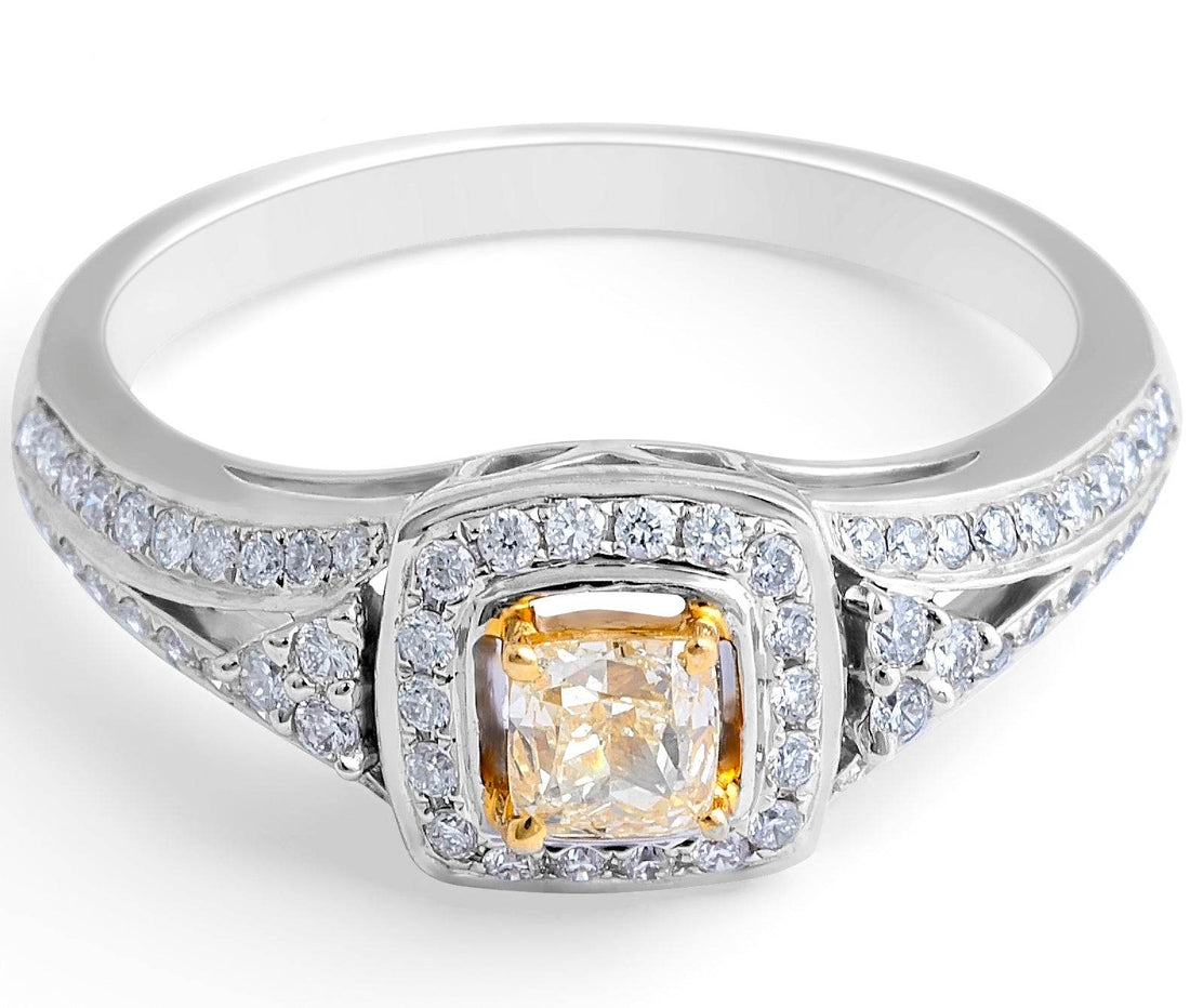 Fancy Yellow Cushion Diamond Halo Ring in 18 Karat White Gold - DG & Co. Jewellery