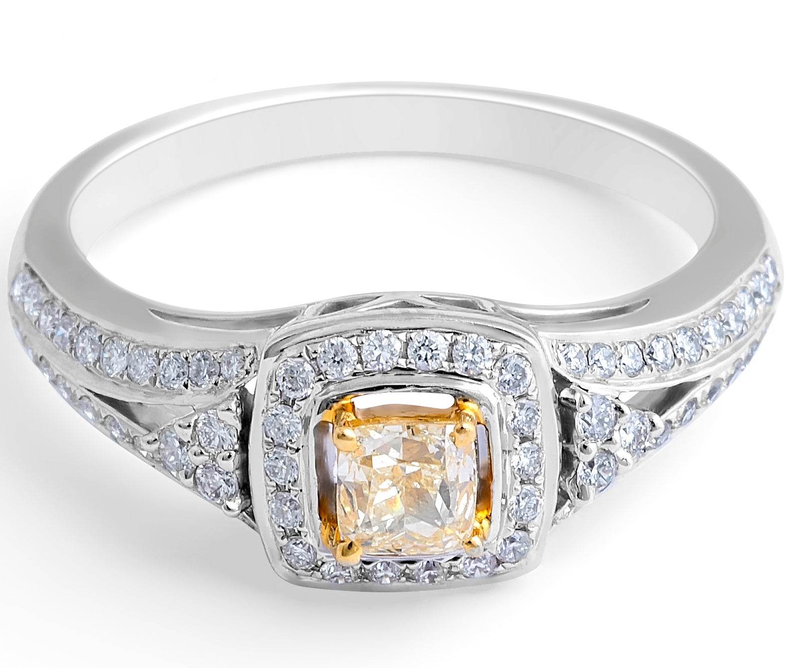 Fancy Yellow Cushion Diamond Halo Ring in 18 Karat White Gold - DG & Co. Jewellery
