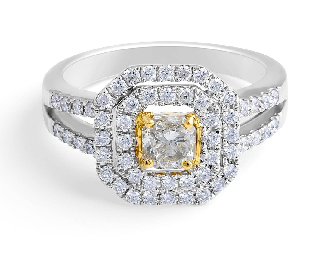 Fancy Yellow Cushion Cut Diamond Double Halo Ring In 18K White Gold - DG & Co. Jewellery