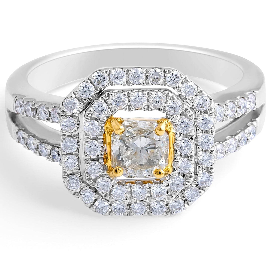 Fancy Yellow Cushion Cut Diamond Double Halo Ring In 18K White Gold - DG & Co. Jewellery