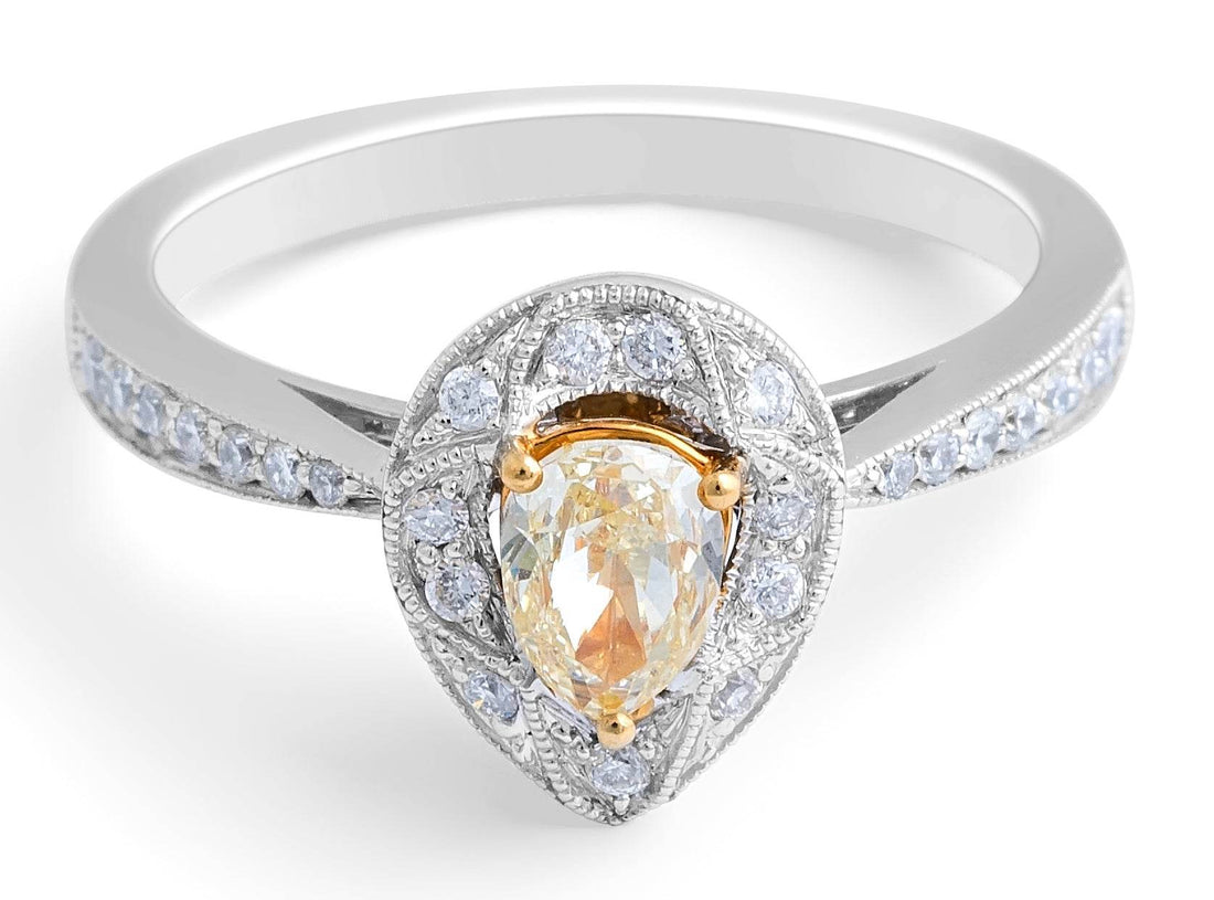 Vintage Style Fancy Yellow Pear Shape Diamond Halo Ring In 18 Karat White Gold - DG & Co. Jewellery