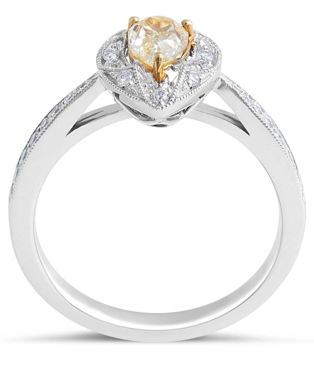 Vintage Style Fancy Yellow Pear Shape Diamond Halo Ring In 18 Karat White Gold - DG & Co. Jewellery