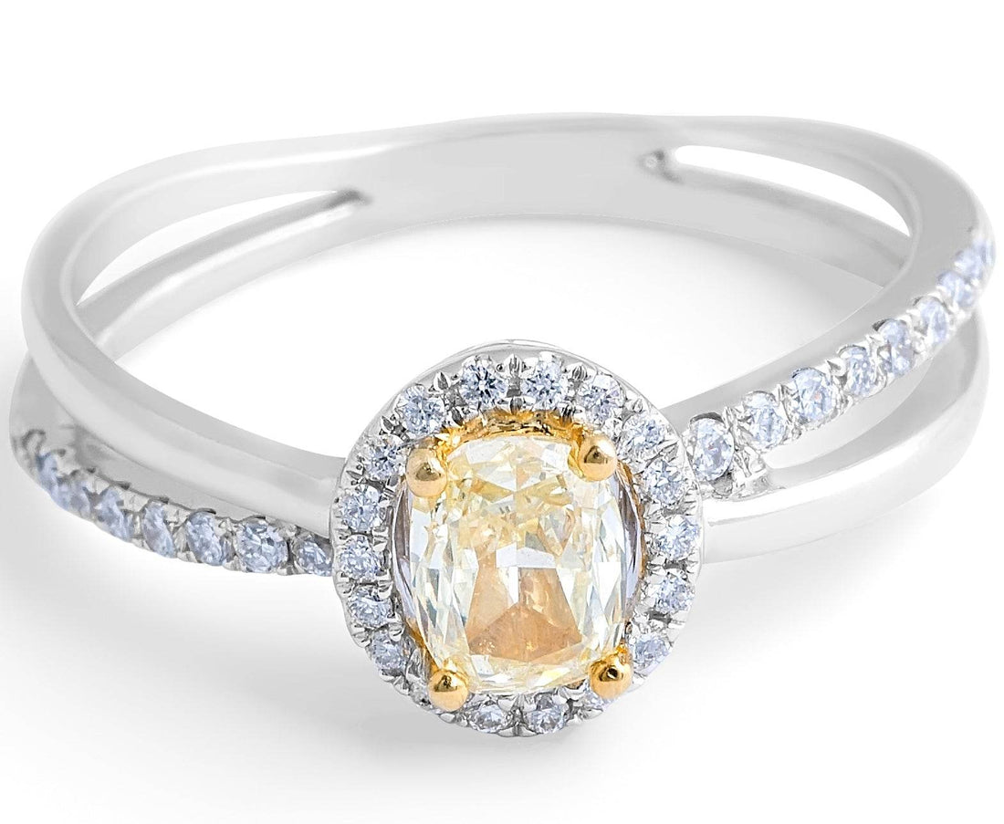 Fancy Yellow Oval Diamond Halo Ring with Split Bow Shank - DG & Co. Jewellery