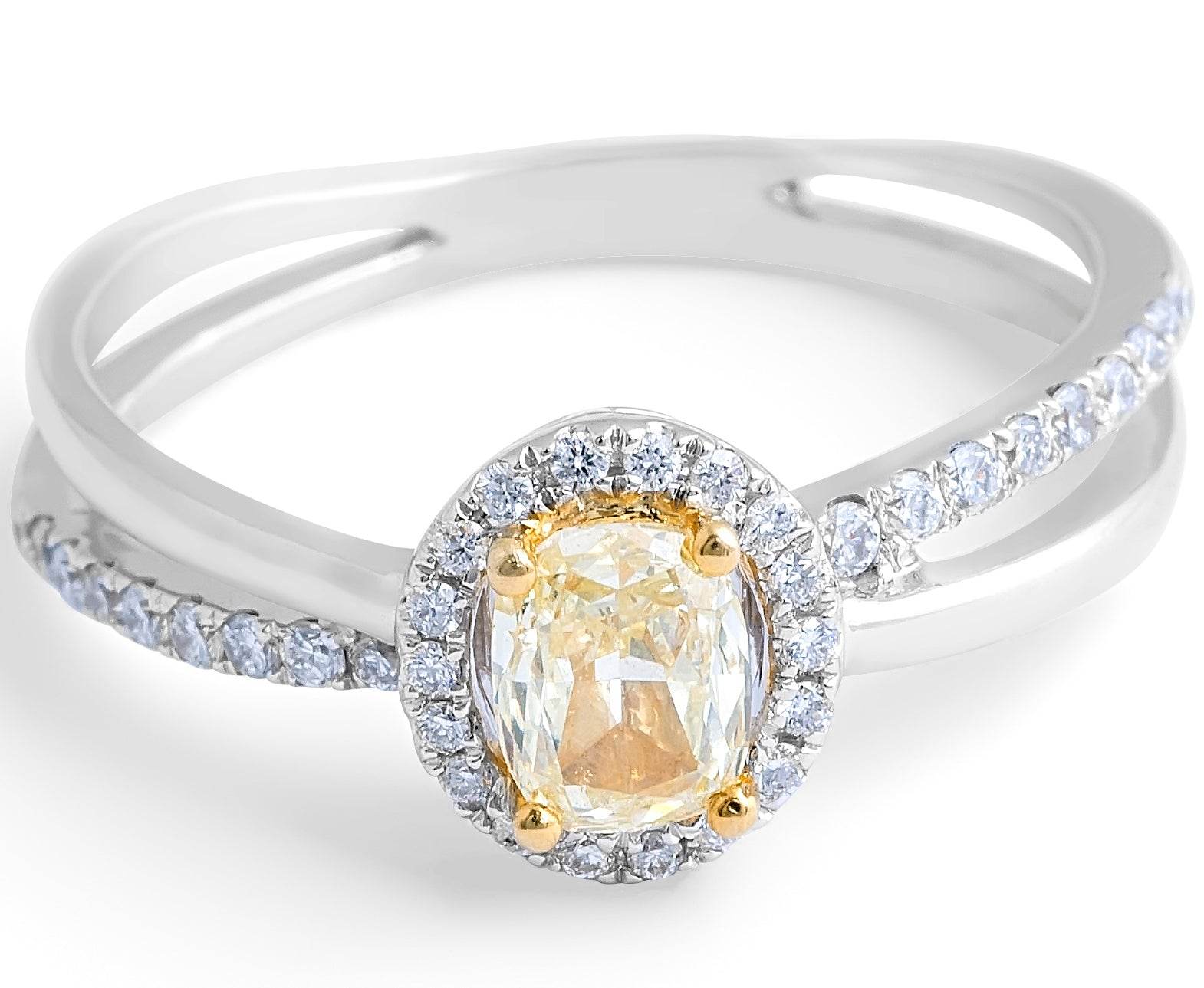 Fancy Yellow Oval Diamond Halo Ring with Split Bow Shank - DG & Co. Jewellery