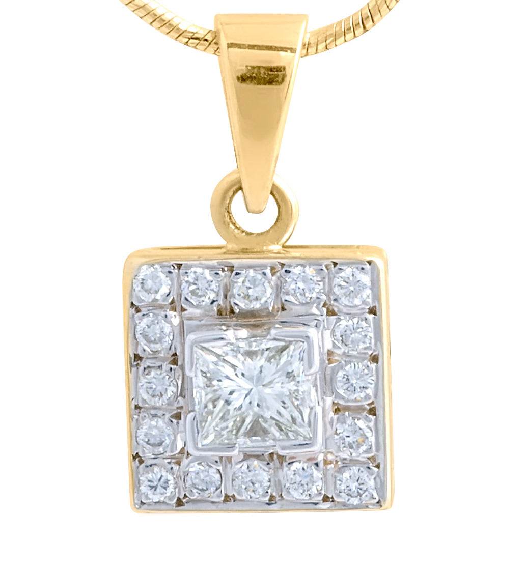 Princess Cut Diamond Halo Square Pendant V Shape Setting Pave Setting Side Stones In 18K Yellow And White Gold - DG & Co. Jewellery