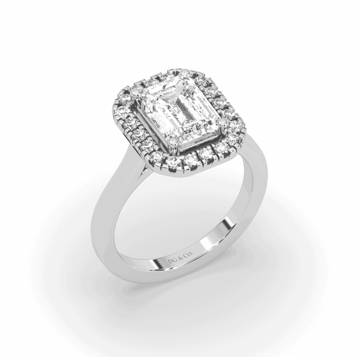 2.00 CT Emerald Cut Halo Diamond Engagement Ring Pave Setting Side stones -18K White - DG & Co. Jewellery