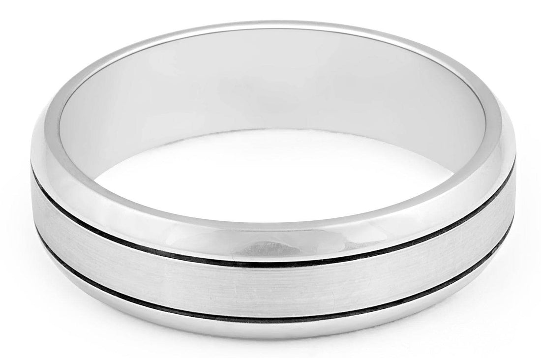 9K White Gold Gents Wedding Band with Double Inlay Accent Polished and Emery Fine Finish - DG & Co. Jewellery