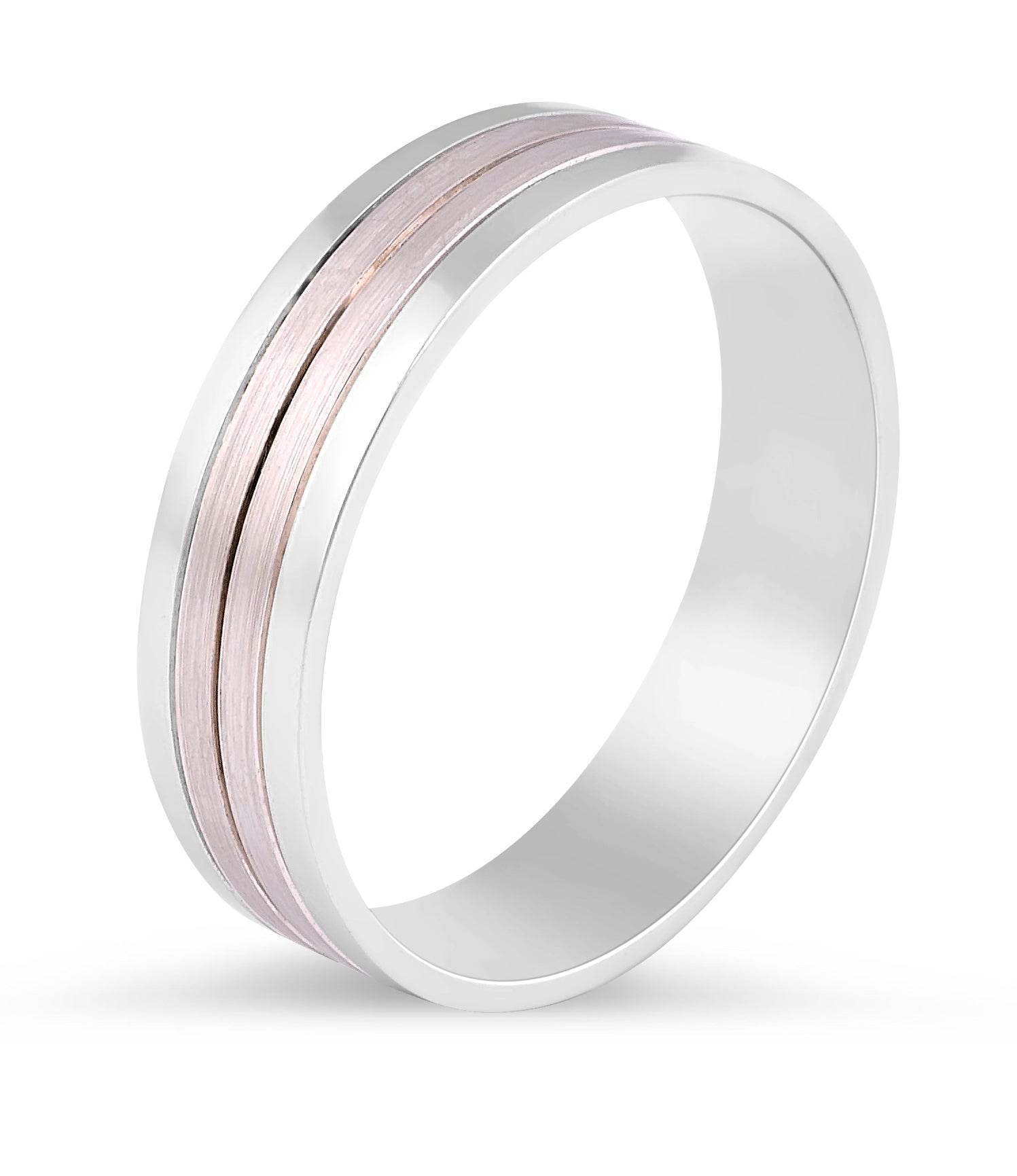 6.00MM 9K Rose and White Gold Wedding Band with Inlay Detail and combination of polished and brushed metal - DG & Co. Jewellery