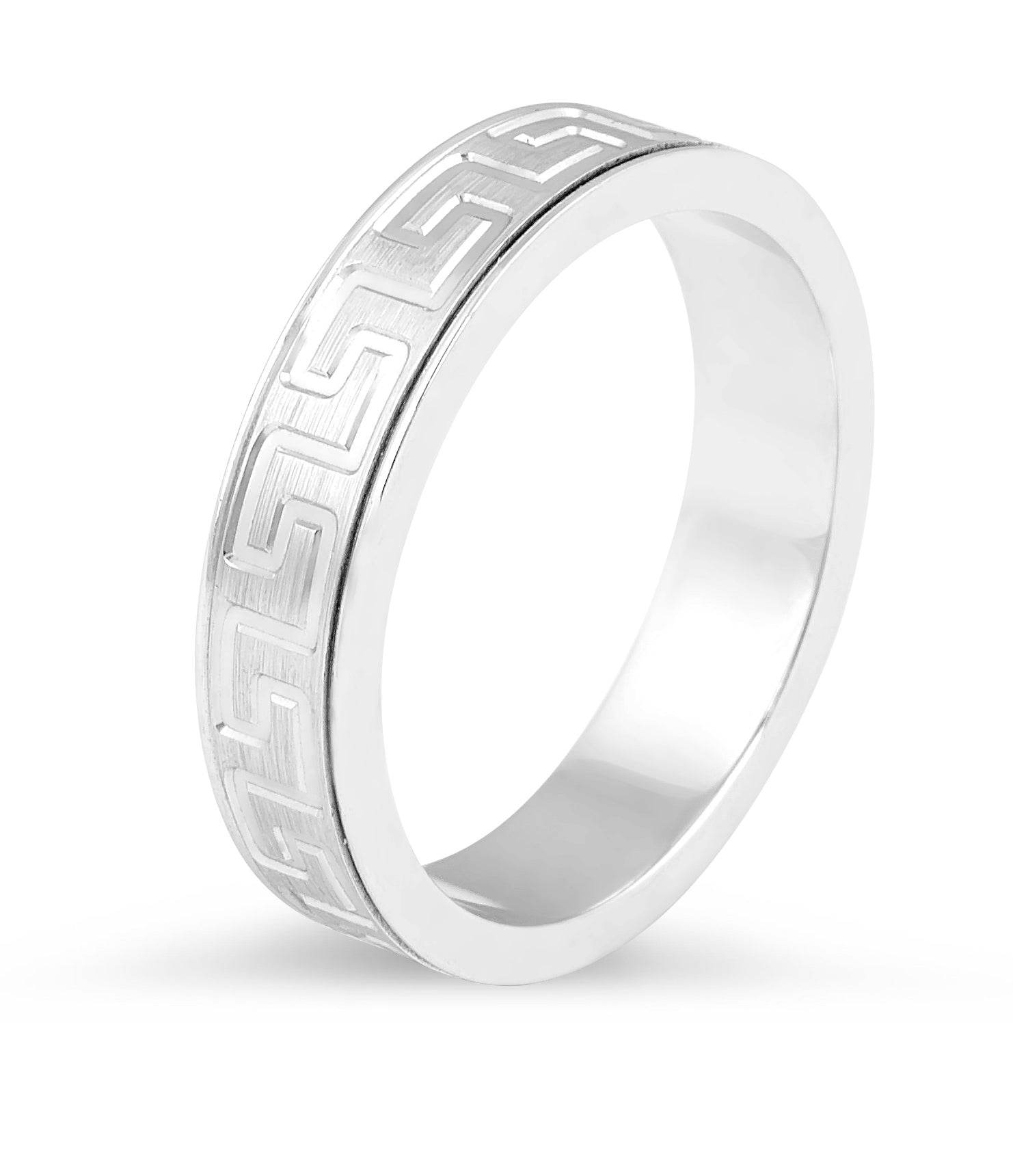 Modern brushed 5.00MM Gents Wedding Band with Greek Ornament Pattern In 9K White Gold - DG & Co. Jewellery