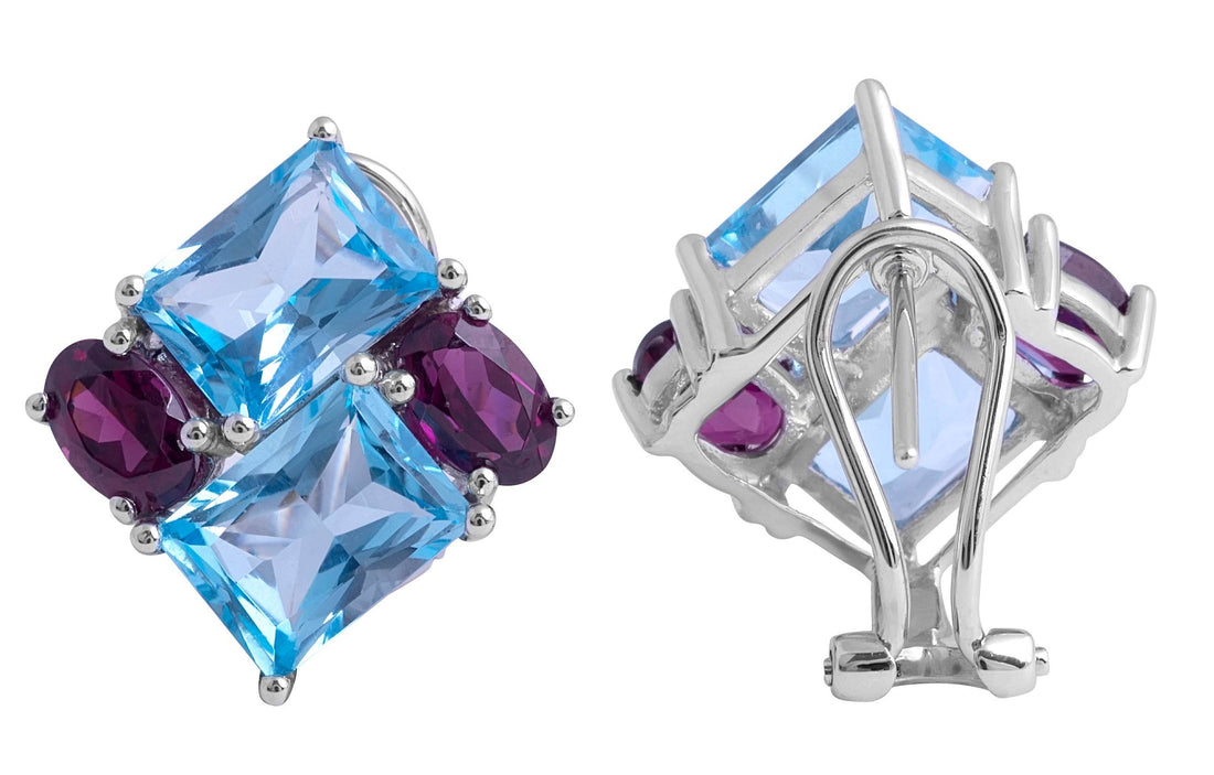 Swiss Blue Topaz and Rhodolite Garnet Earrings in 14 Karat White Gold - DG & Co. Jewellery