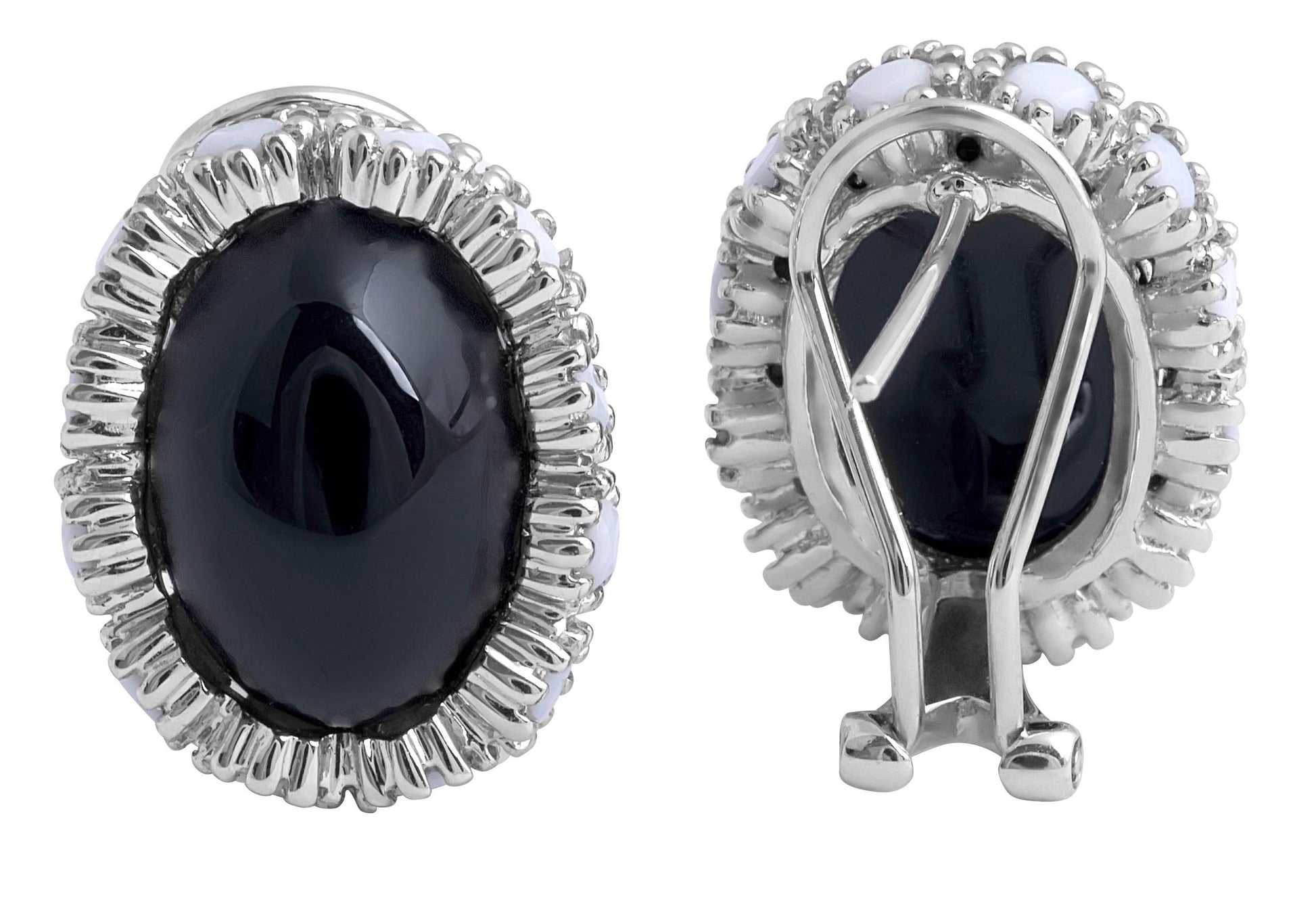 Cabochon Black Onyx and White Onyx Earrings in 14 Karat White Gold - DG & Co. Jewellery