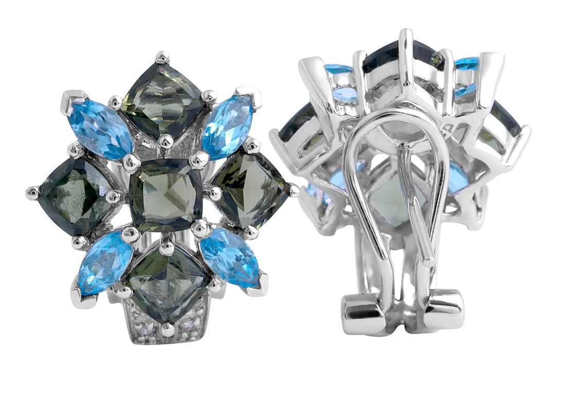 Blue Topaz/ Moldavite gemstones and Diamond Earrings in 14 Karat White Gold - DG & Co. Jewellery