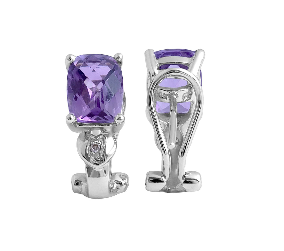 Amethyst and Diamond Earrings 4 Claw Setting In 14K White Gold - DG & Co. Jewellery