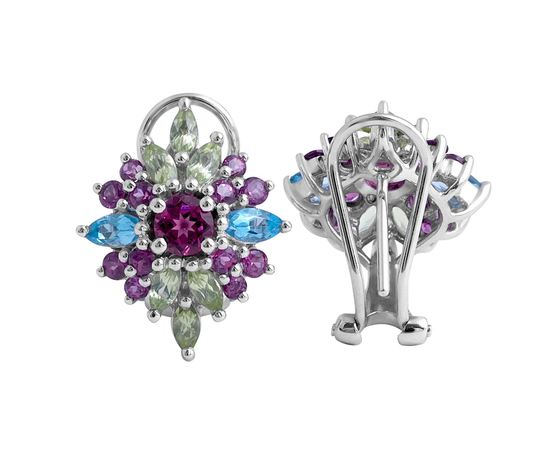 Multi colour gemstone Earrings Rhodolite Garnet, Peridot, Blue Topaz In 14 Karat White Gold - DG & Co. Jewellery