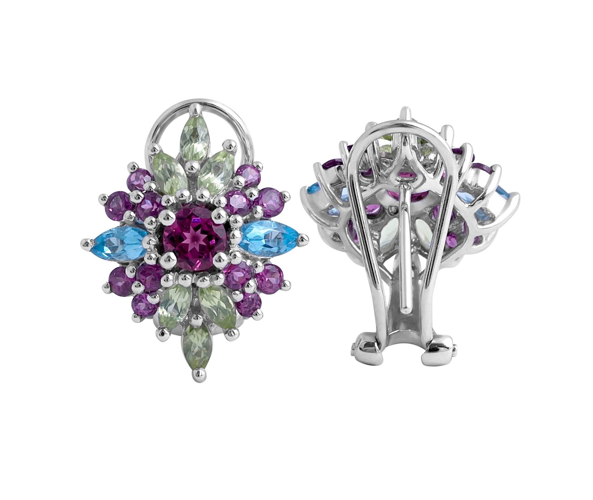 Multi colour gemstone Earrings Rhodolite Garnet, Peridot, Blue Topaz In 14 Karat White Gold - DG & Co. Jewellery
