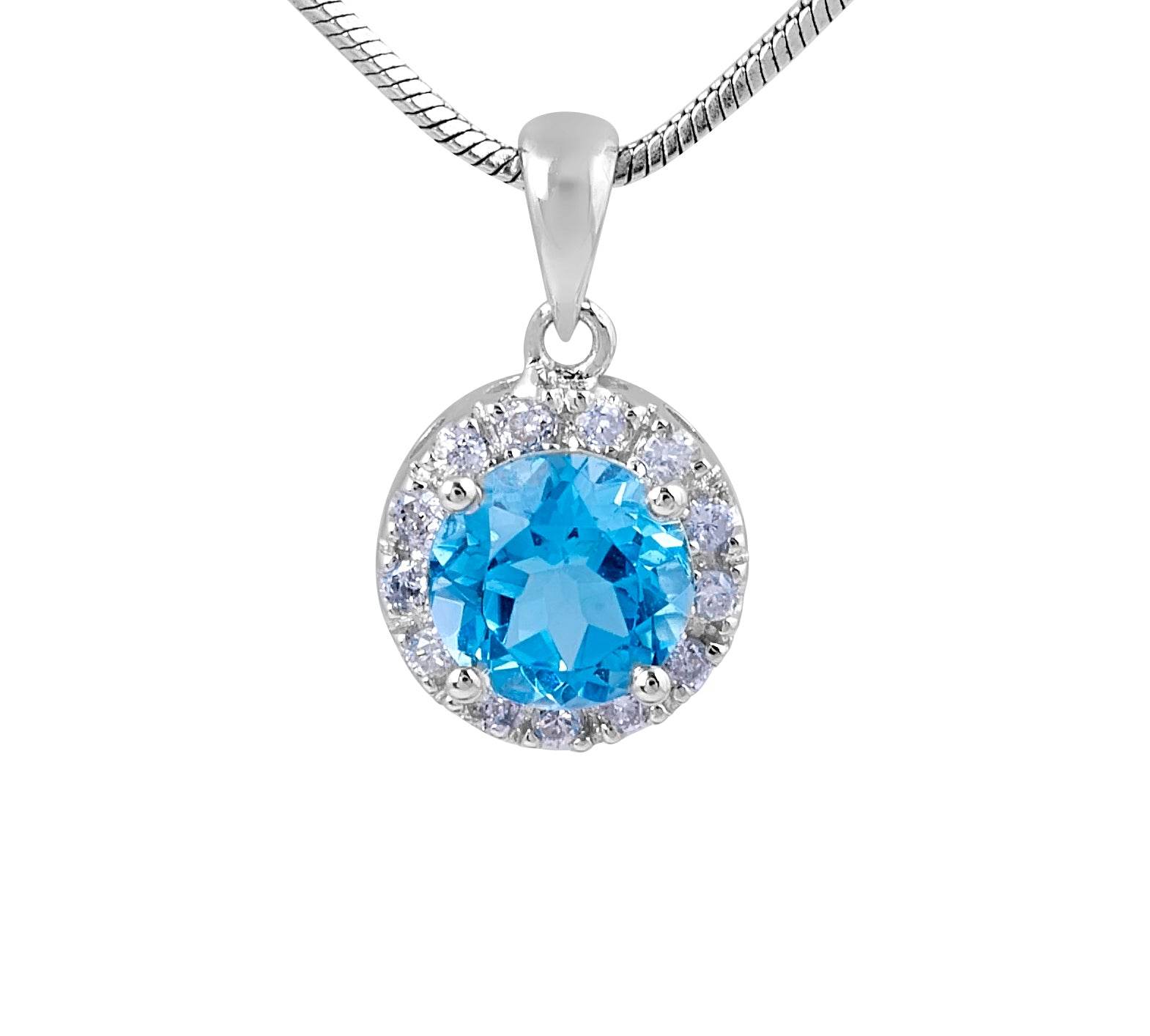 Round Swiss Blue Topaz and Diamond Halo Pendant in 18 Karat White Gold - DG & Co. Jewellery