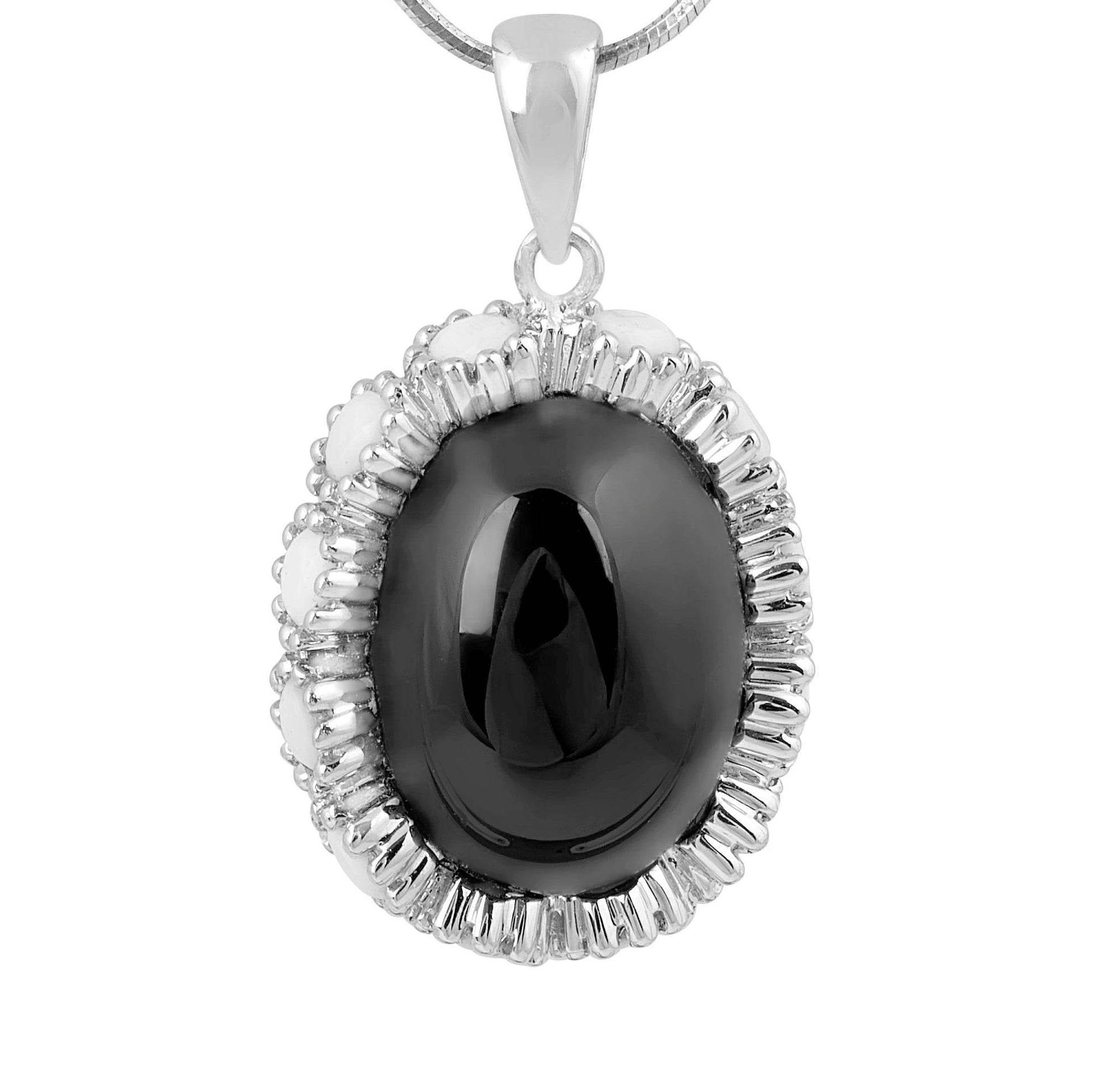 Cabochon Black Onyx and White Onyx Pendant in 14 Karat White Gold - DG & Co. Jewellery