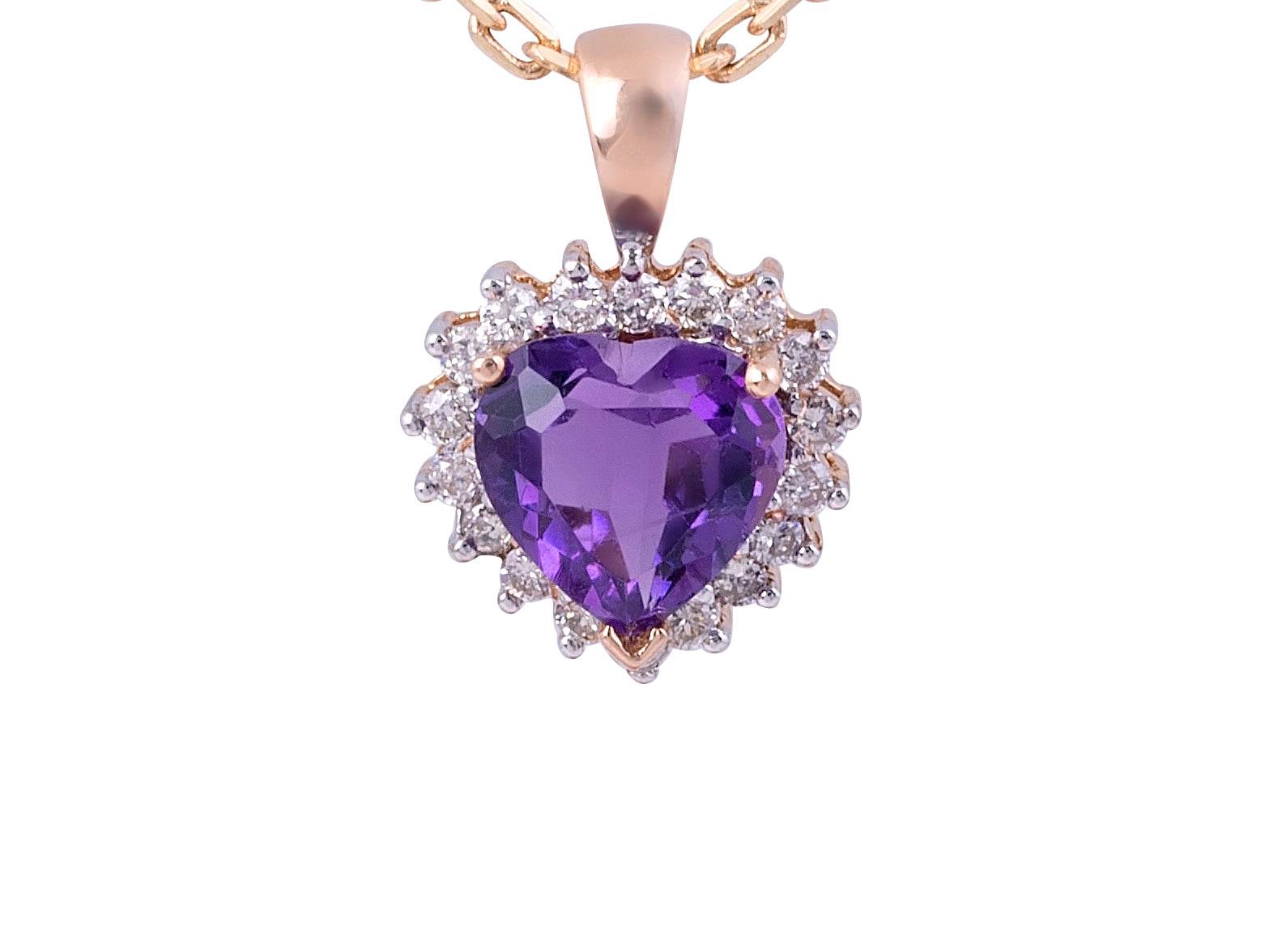 Heart Shape Halo Amethyst Pendant Claw Set In 18 Karat Rose Gold - DG & Co. Jewellery