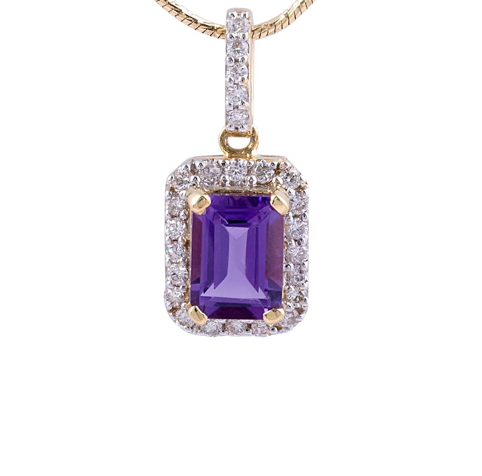 Emerald Cut Ameythyst and Diamond Halo Pendant in 18 Karat Yellow Gold - DG & Co. Jewellery